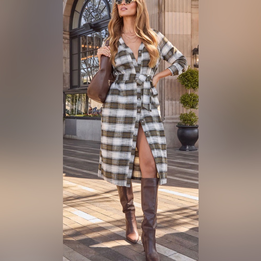 🌟VICI New with tags Dylin Plaid Wrap Tie Midi Shirt Dress
Size S | Olive Multi - Picture 11 of 11